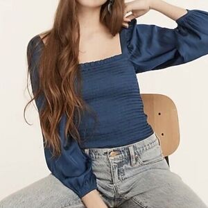 J.Crew Sz XL Squareneck Smocked Feather Weight Bishops Sleeve Satin Blouse